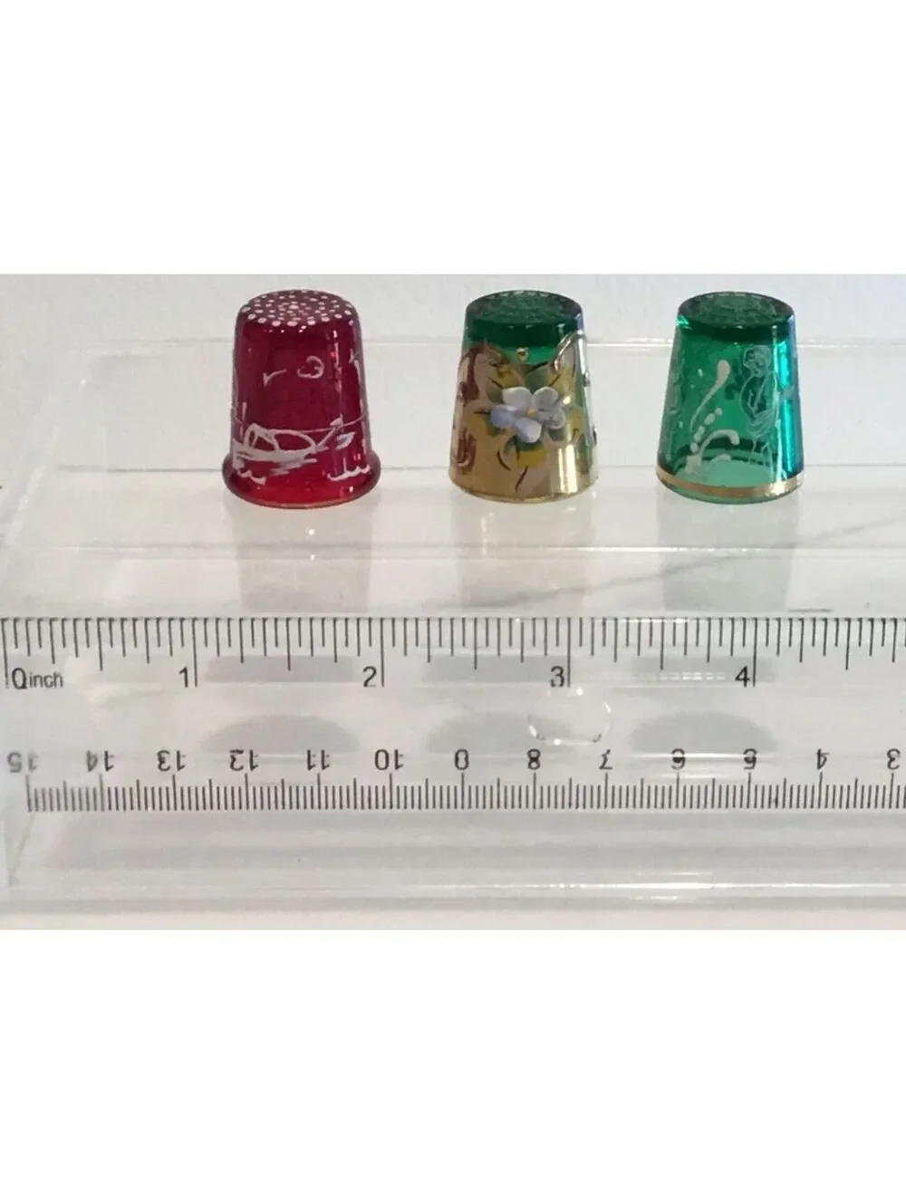 3 Vtg '50s European Glass Thimbles Hand-Painted with 3D Enamel & Gold accenting